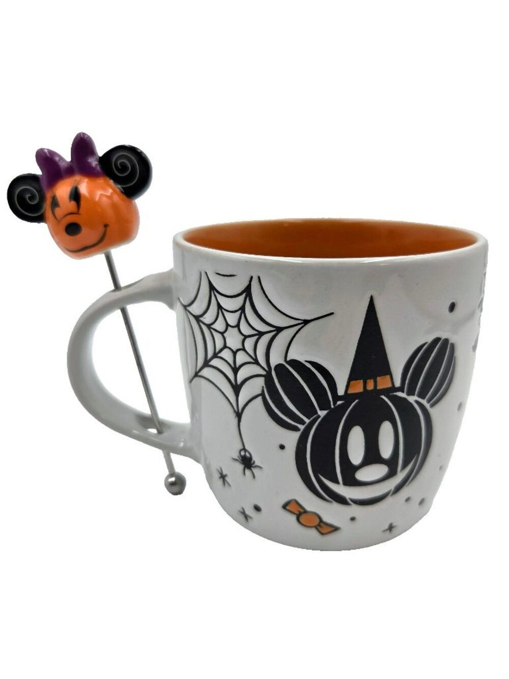 Disney Halloween Minnie Mouse Mickey Mug W/ Pumpkin Stir Stick Cup Spiders Web